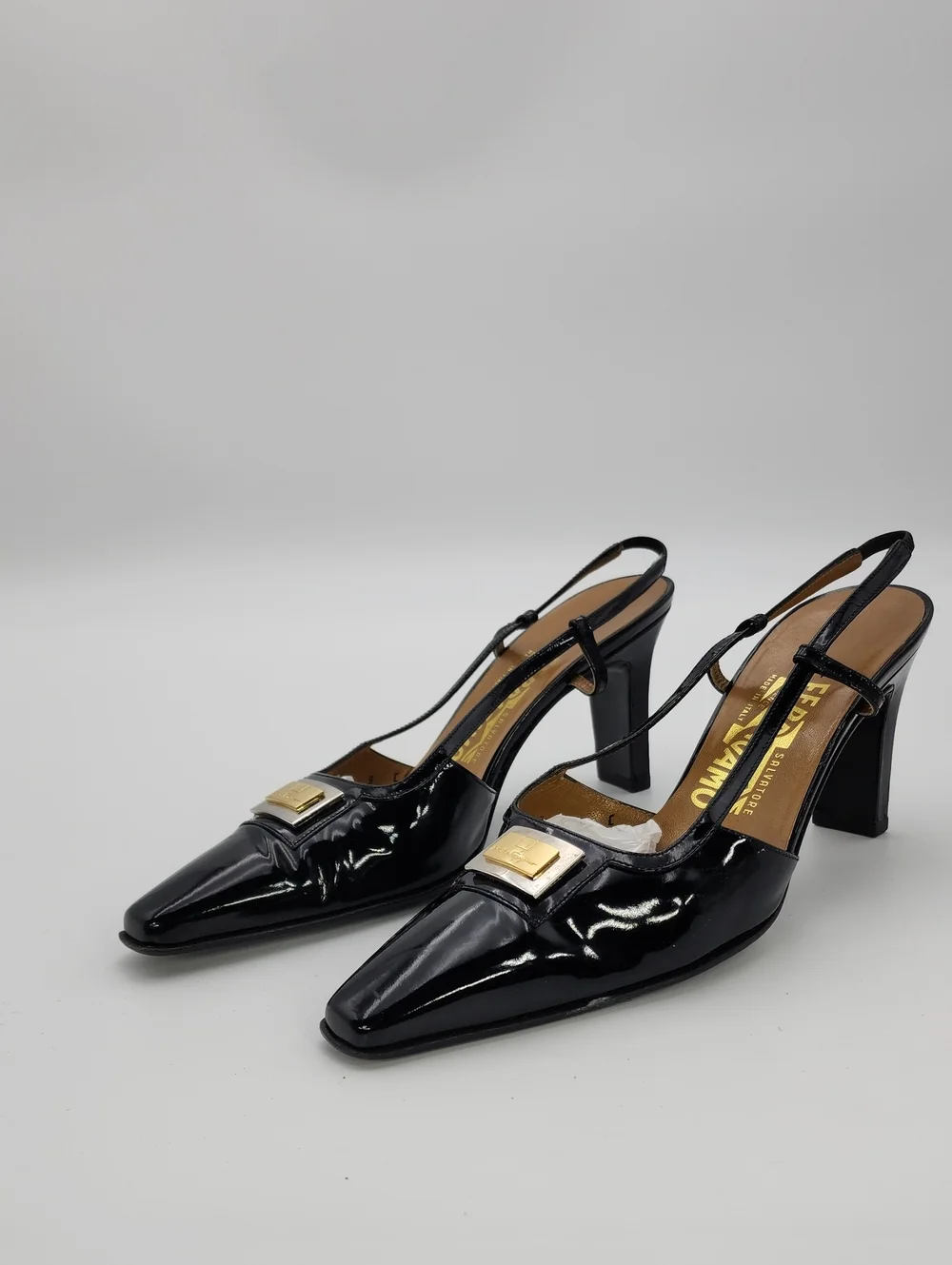 Vintage Salvatore Ferragamo Black Patent Leather Slingback Pumps Square Toe 9 C
